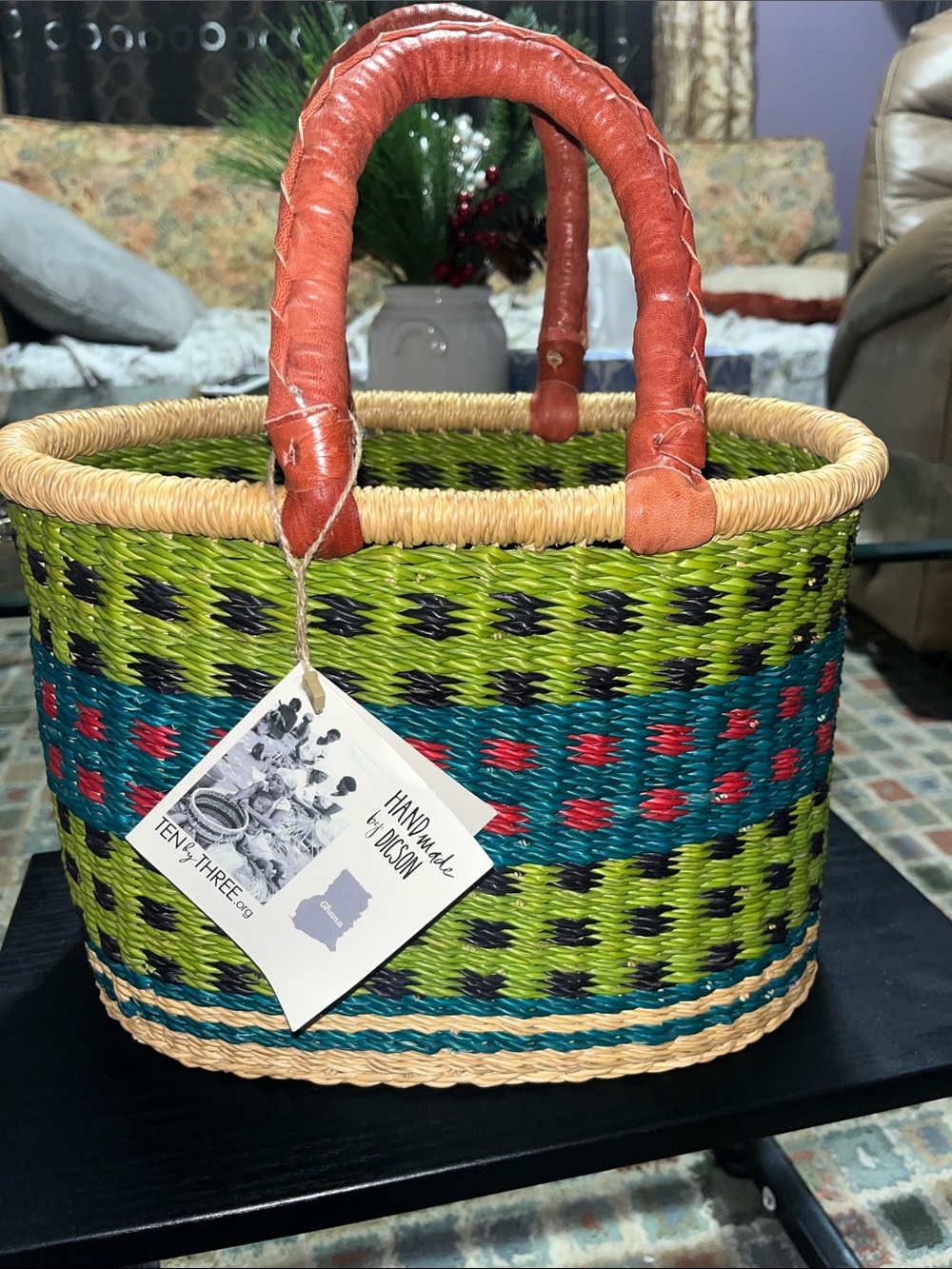 Handwoven Green & Teal Straw Tote with Red Leather Handles
